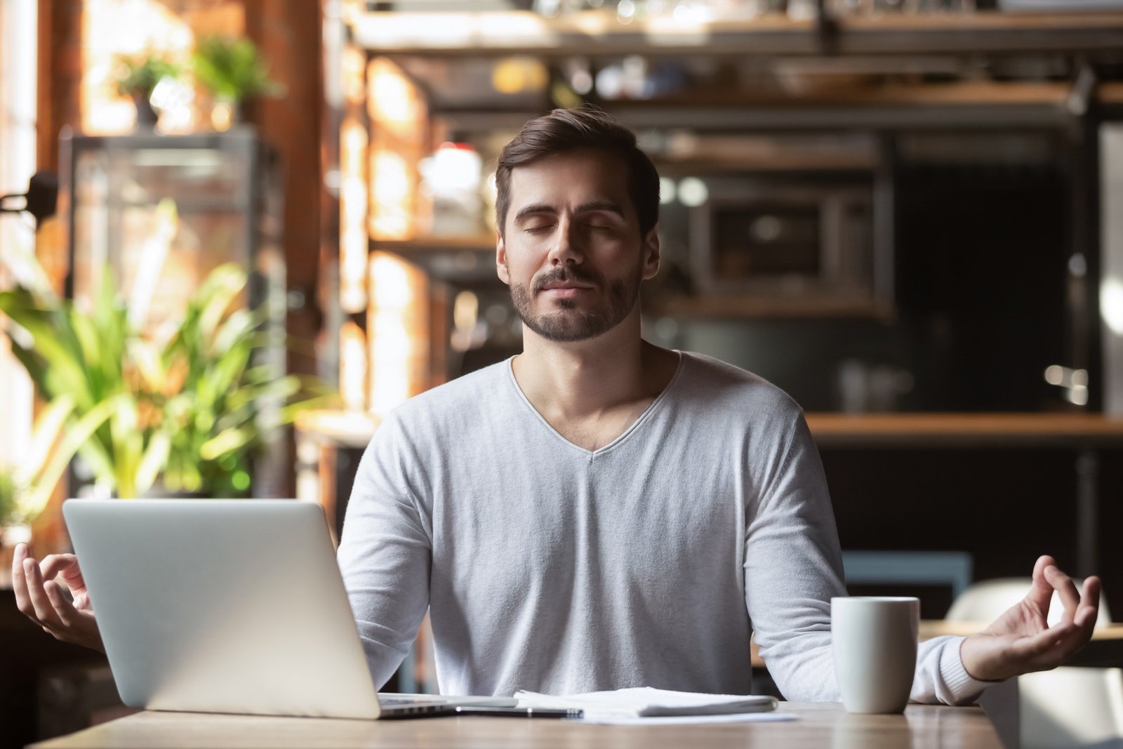 Calm,Healthy,Businessman,Meditate,At,Work,Desk,Feeling,Zen,No